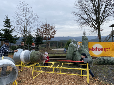 Einnetzen frisch gesägter Weihnachtsbäume im Christbaumdorf Klug im Spessart für den Transport