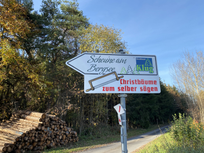 Wegweiser zum Christbaumdorf Klug im Spessart mit Hinweis auf Christbäume zum Selber sägen