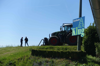 Traktor und Werbeschild Christbaum Klug bei sonnigem Wetter