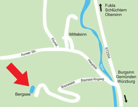 Anfahrtskarte zum Bergsee von Christbaum Klug Übersichtskarte mit rotem Pfeil zur Anfahrt zum Bergsee bei Christbaum Klug