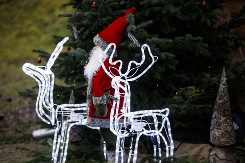 Stimmungsvolle Weihnachtsdekoration im Christbaumdorf Mittelsinn Beleuchtete Rentierfigur und Weihnachtsmann-Dekoration vor einem geschmückten Tannenbaum