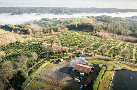 Luftaufnahme der Christbaumplantage und dem Gelände von Christbaum Klug in Mittelsinn Luftaufnahme einer Christbaumplantage mit Holzhaus und Teich in Mittelsinn