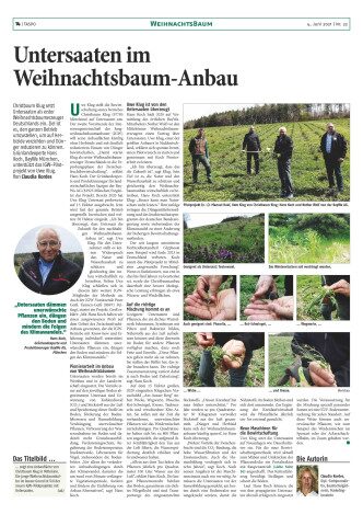 Zeitungsartikel über Untersaaten im Weihnachtsbaum-Anbau Zeitungsseite mit Artikel über Untersaaten im Weihnachtsbaum-Anbau, mehreren Fotos und einer Portraitaufnahme von Hans Koch