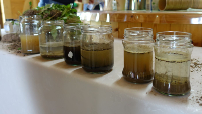 Bodenproben und Analyse im Unterssaat-Projekt Gläser mit unterschiedlich trübem Wasser und Bodenproben stehen auf einem weißen Tisch