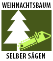 Weihnachtsbaum-Symbol mit Motorsäge und Text „Weihnachtsbaum selber sägen“